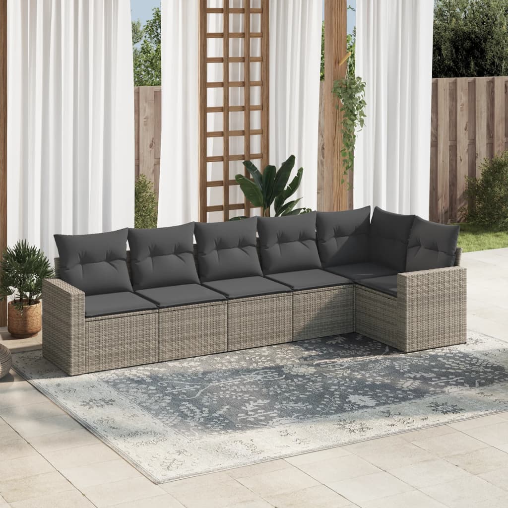 6 Pcs conjunto sofás de jardim com almofadões vime cinzento