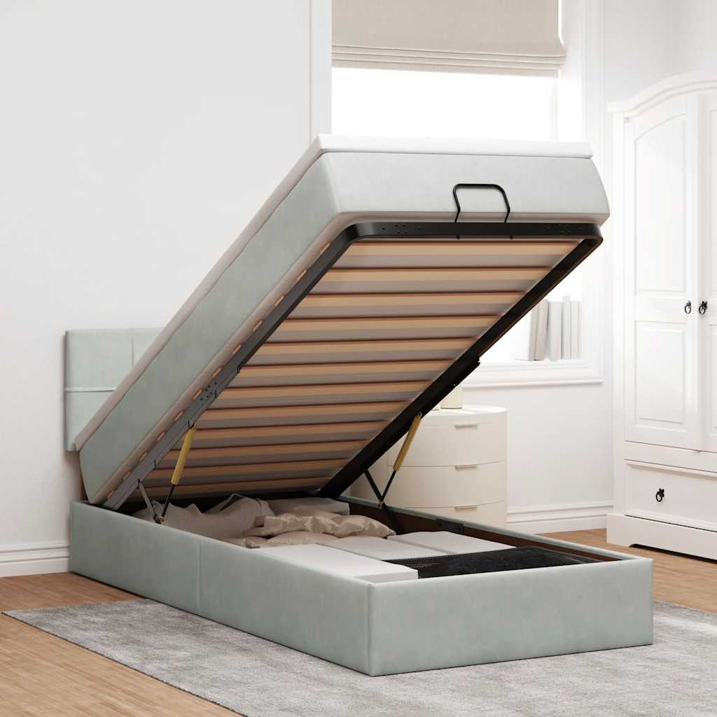 Estrutura cama otomana colchão 90x190 cm veludo cinzento claro