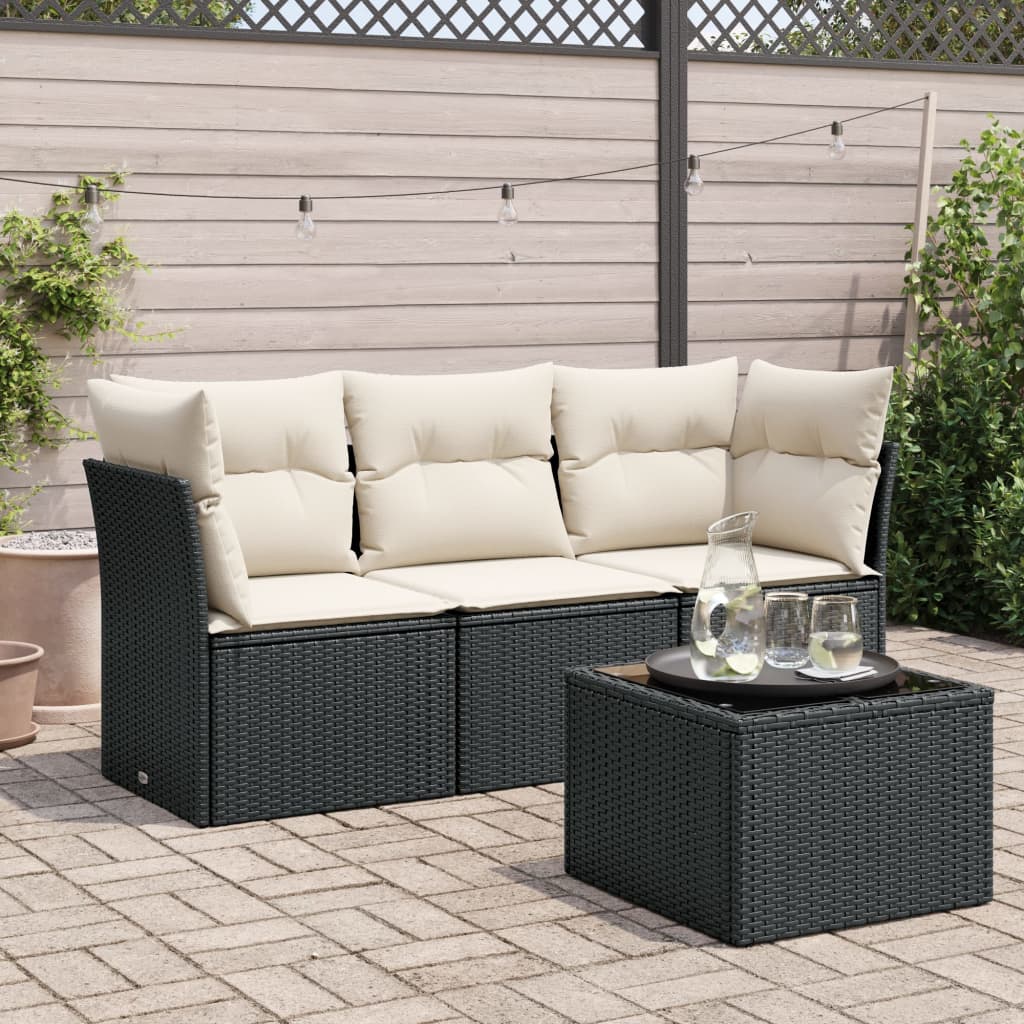 4 Pcs conjunto de sofás para jardim c/ almofadões vime PE preto