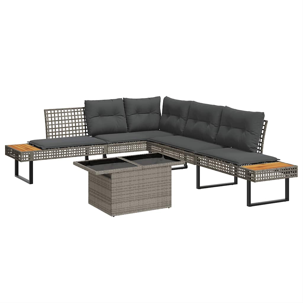 2 Pcs conj. sofás p/ jardim c/ almofadões vime PE e vidro cinza