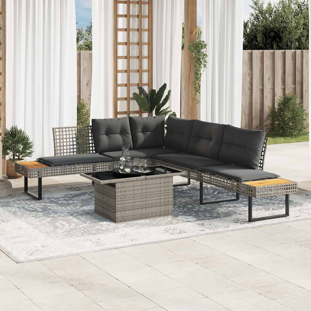 2 Pcs conj. sofás p/ jardim c/ almofadões vime PE e vidro cinza