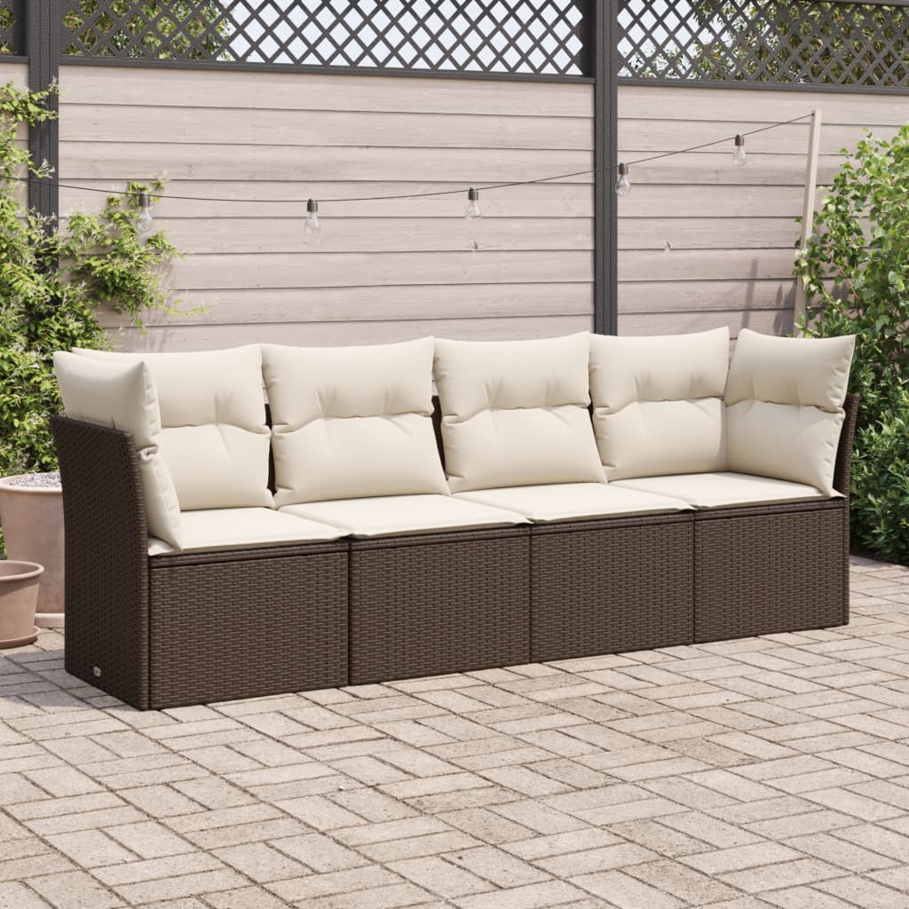 4 Pcs conjunto sofás de jardim c/ almofadões vime PE castanho
