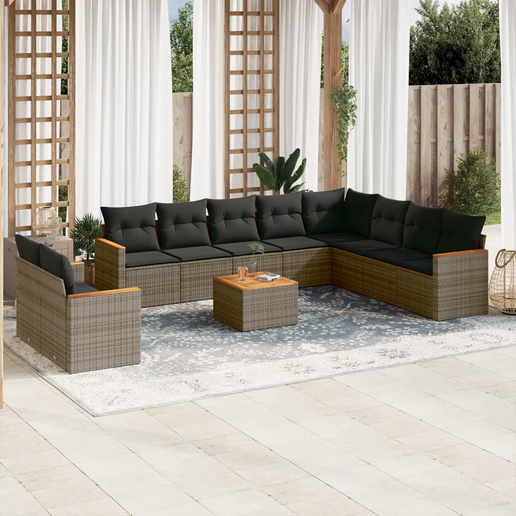11 Pcs conjunto sofás de jardim c/ almofadões vime PE cinzento