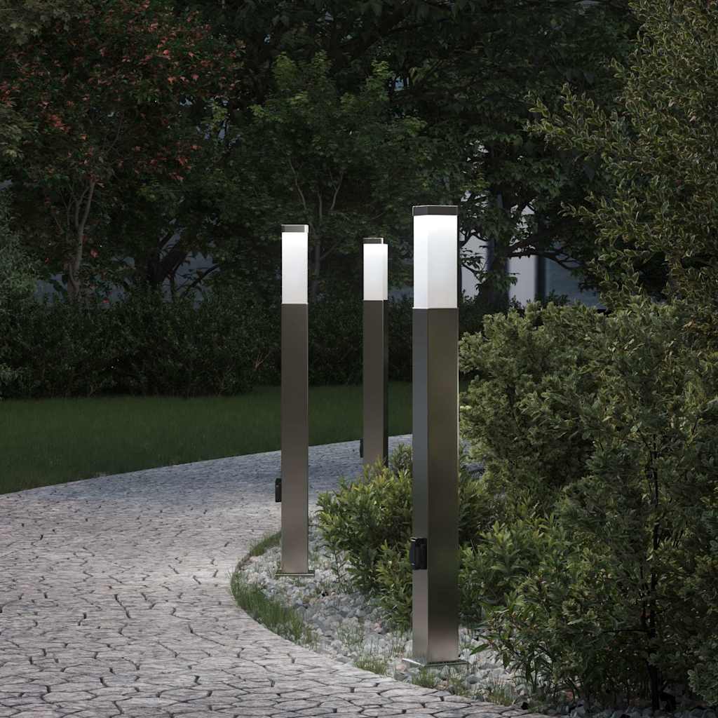 Luminárias de balizador com tomada, 3 peças, 80 cm, aço inoxidável, IP44