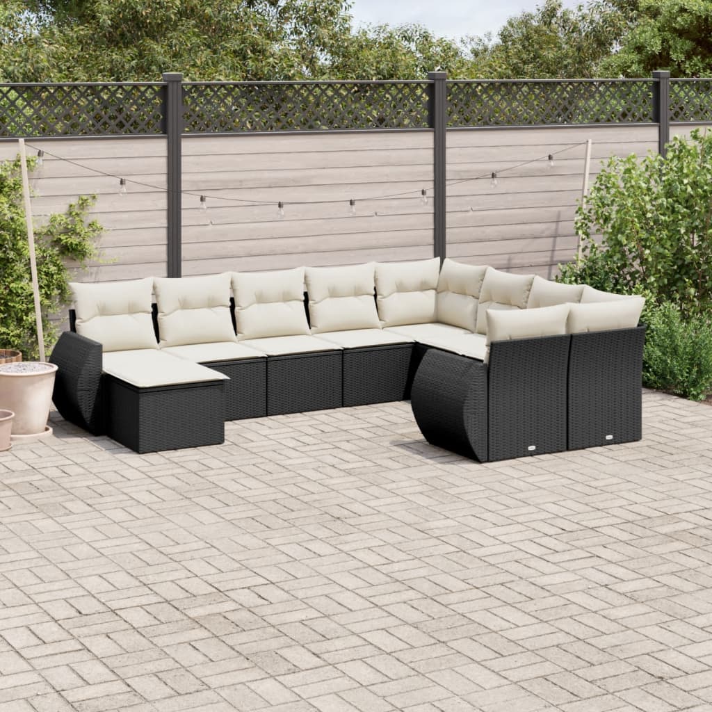 10 Pcs conjunto sofás de jardim c/ almofadões vime PE preto