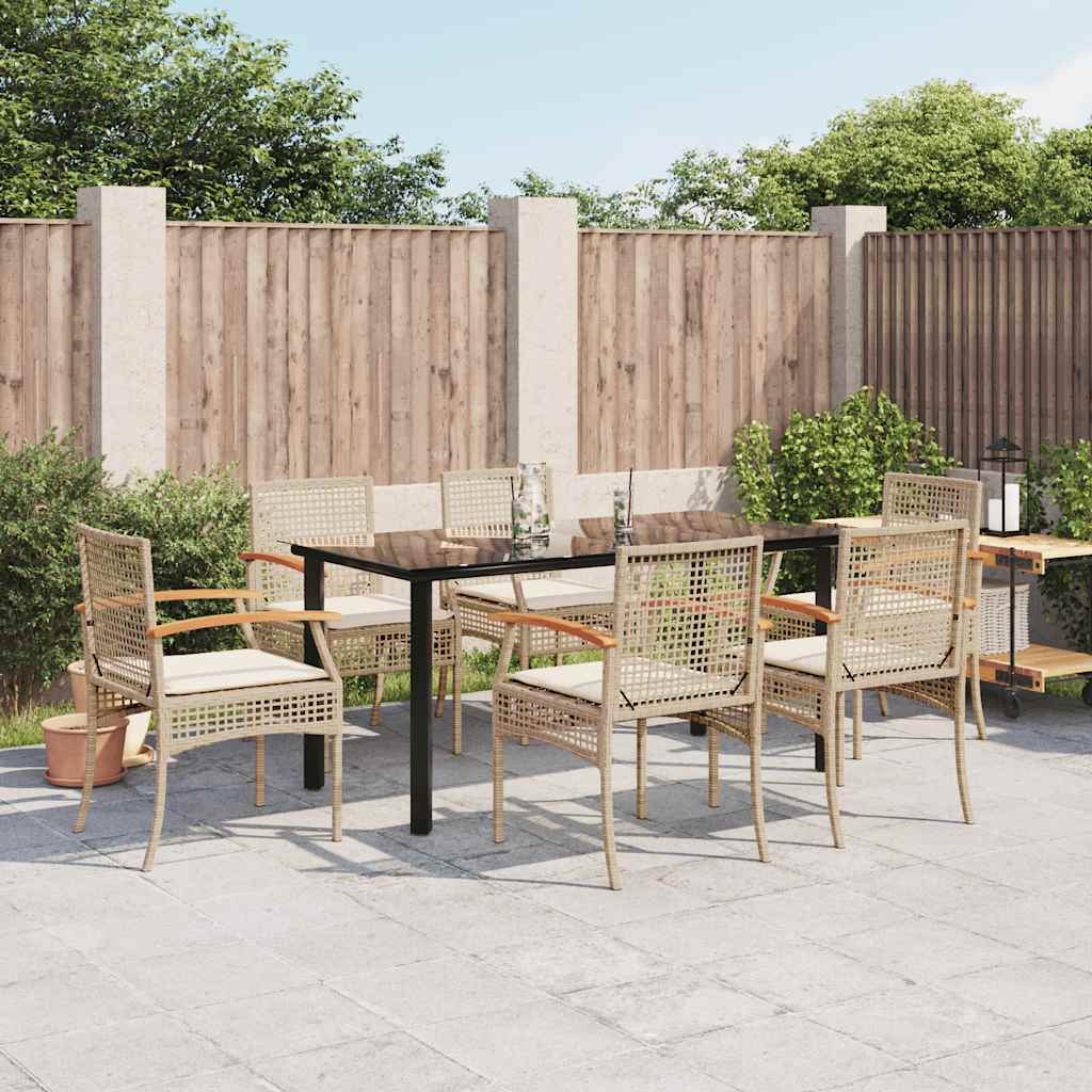 7 Pcs conjunto de jantar p/ jardim com almofadões vime PE bege