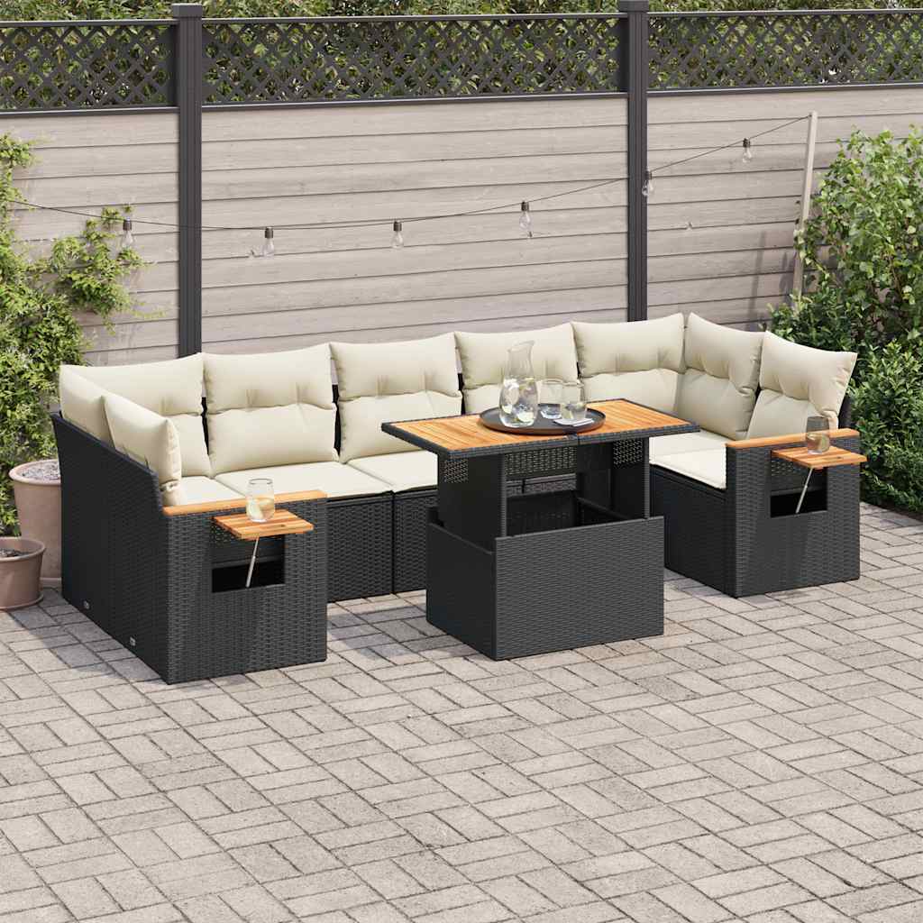 8 Pcs conjunto sofás jardim com almofadões vime PE/acácia preto