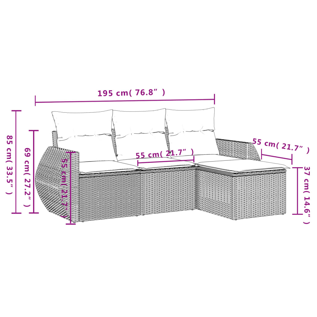 4 Pcs conjunto sofás de jardim c/ almofadões vime PE cinzento