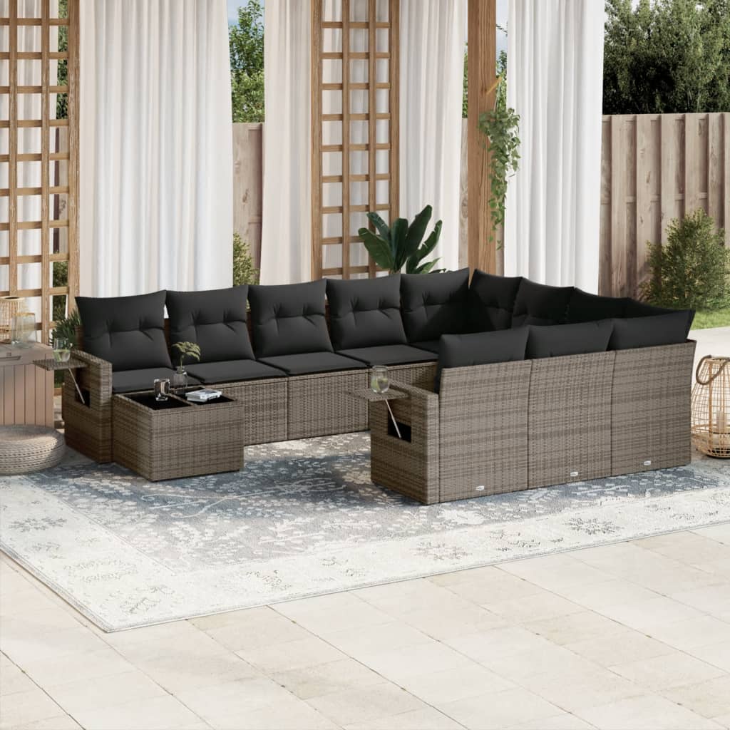 11 Pcs conjunto sofás de jardim c/ almofadões vime PE cinzento