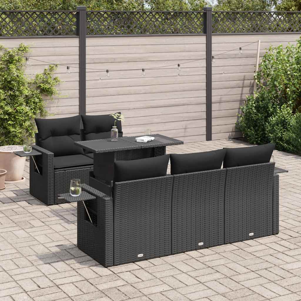 6 Pcs conjunto sofás de jardim c/ almofadões vime PE preto