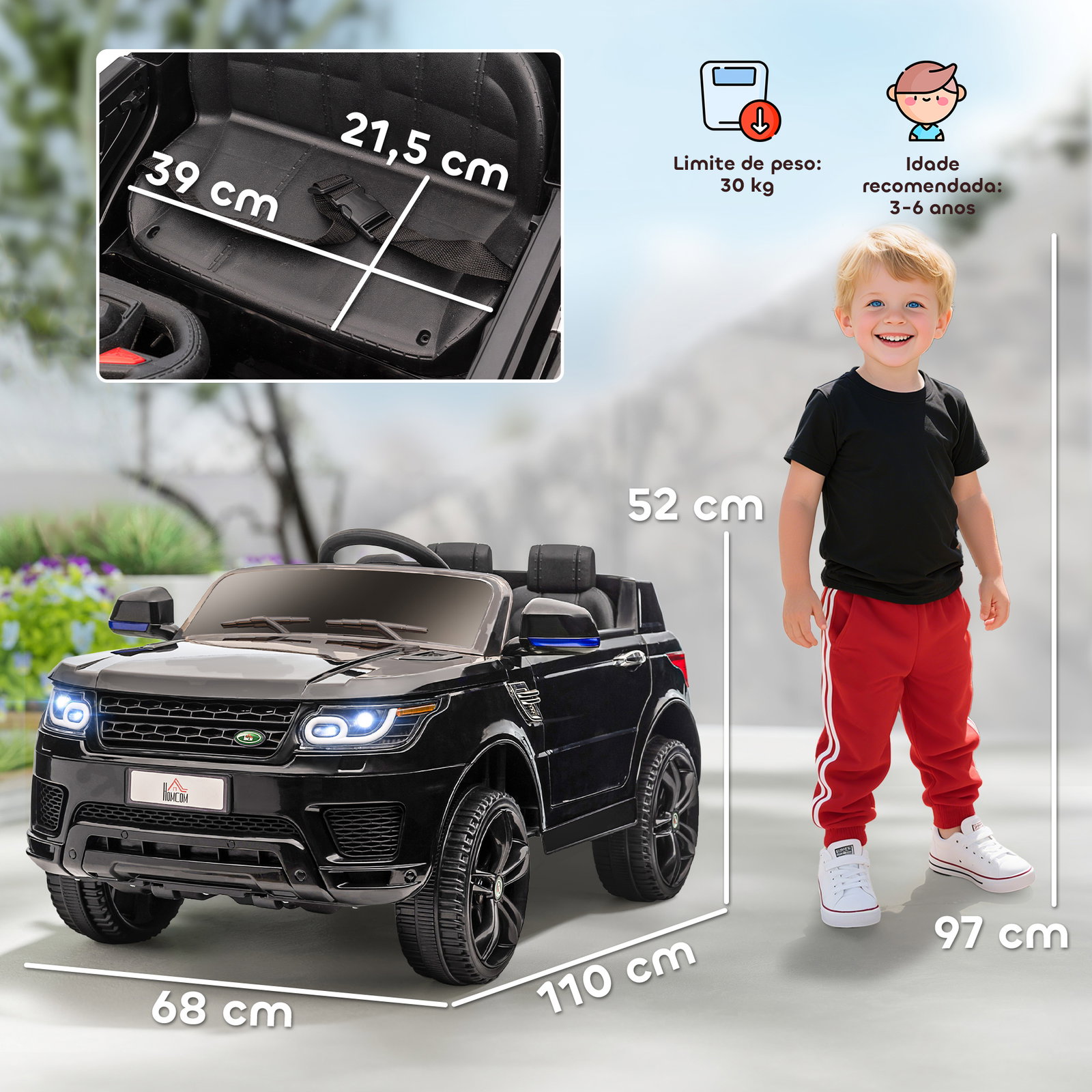 Carro elétrico suv infantil 12v com 2 motores controlo remoto faróis buzina bluetooth música USB e abertura de porta 3-5km/h 110x68x52cm preto