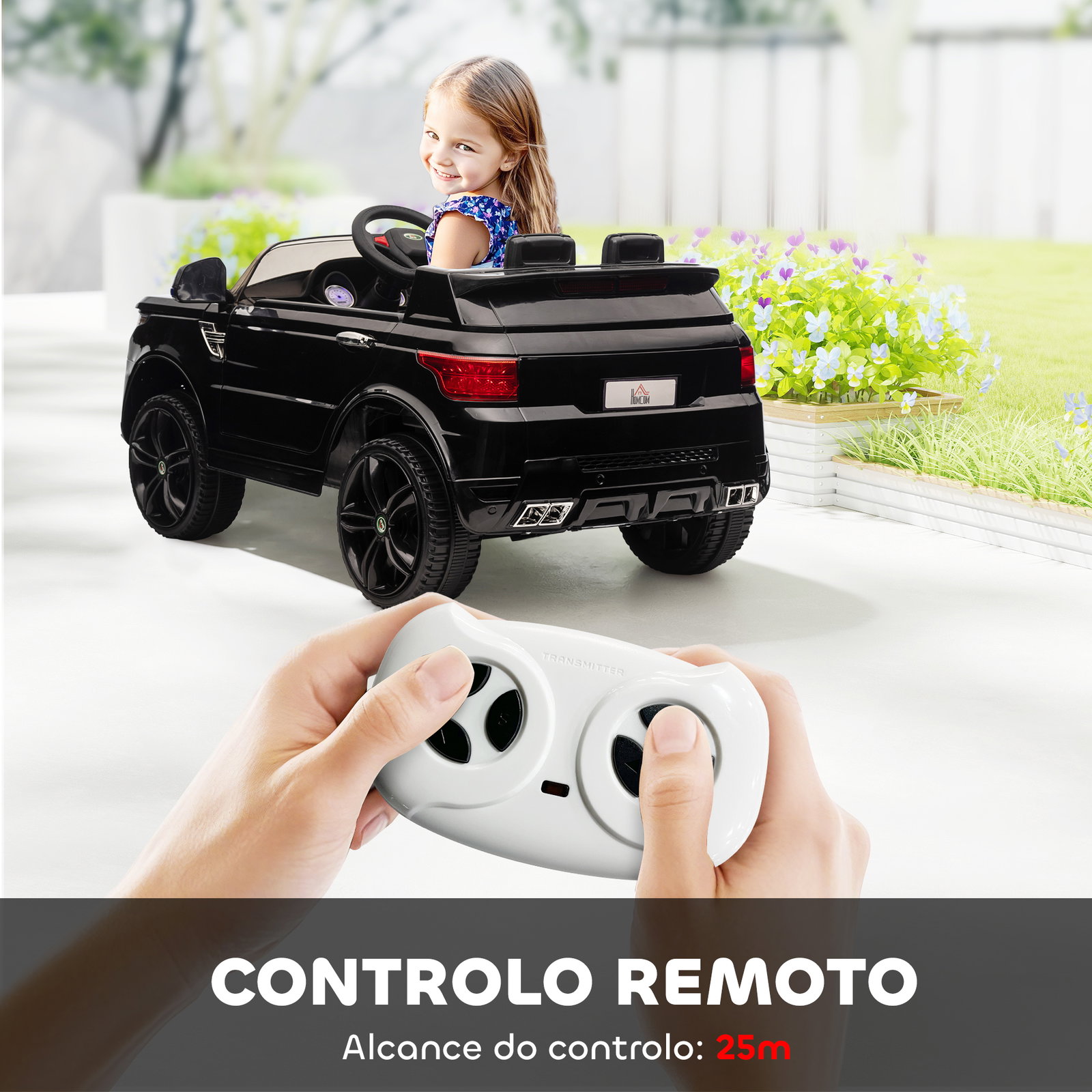 Carro elétrico suv infantil 12v com 2 motores controlo remoto faróis buzina bluetooth música USB e abertura de porta 3-5km/h 110x68x52cm preto