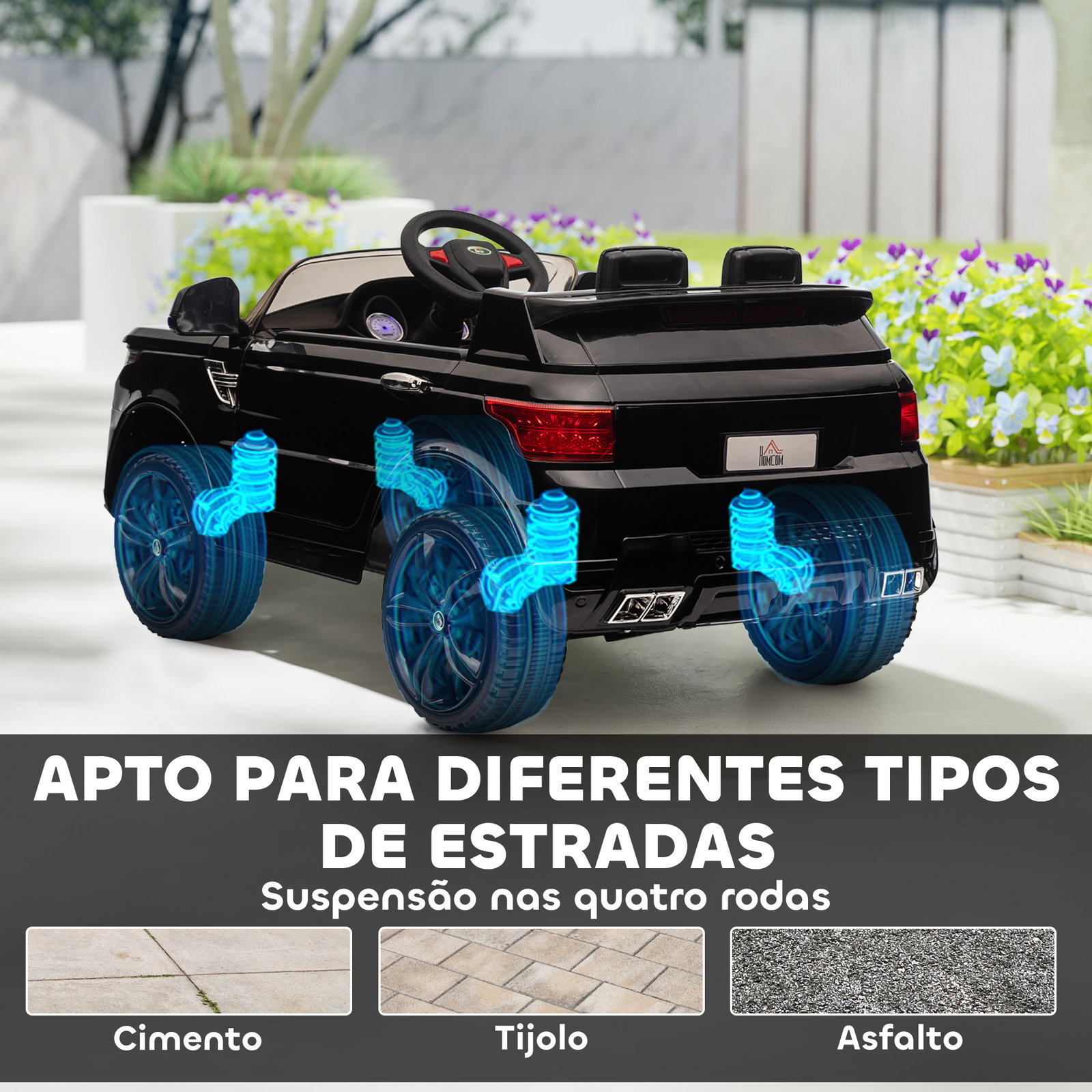Carro elétrico suv infantil 12v com 2 motores controlo remoto faróis buzina bluetooth música USB e abertura de porta 3-5km/h 110x68x52cm preto