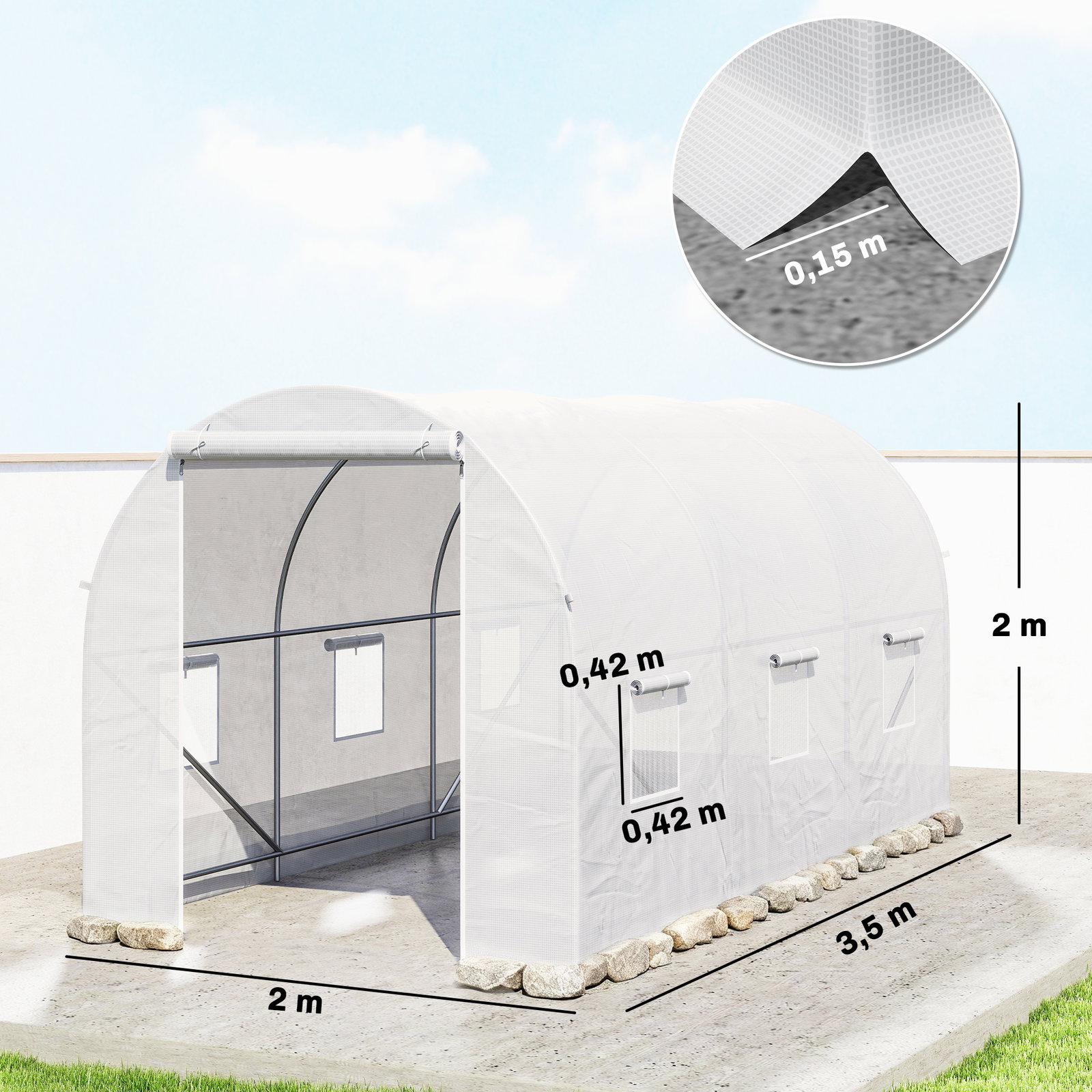 Estufa Tipo Túnel 350x200x200 cm com Portas Enroláveis e 6 Janelas Cobertura de PE Estrutura de Metal Branco