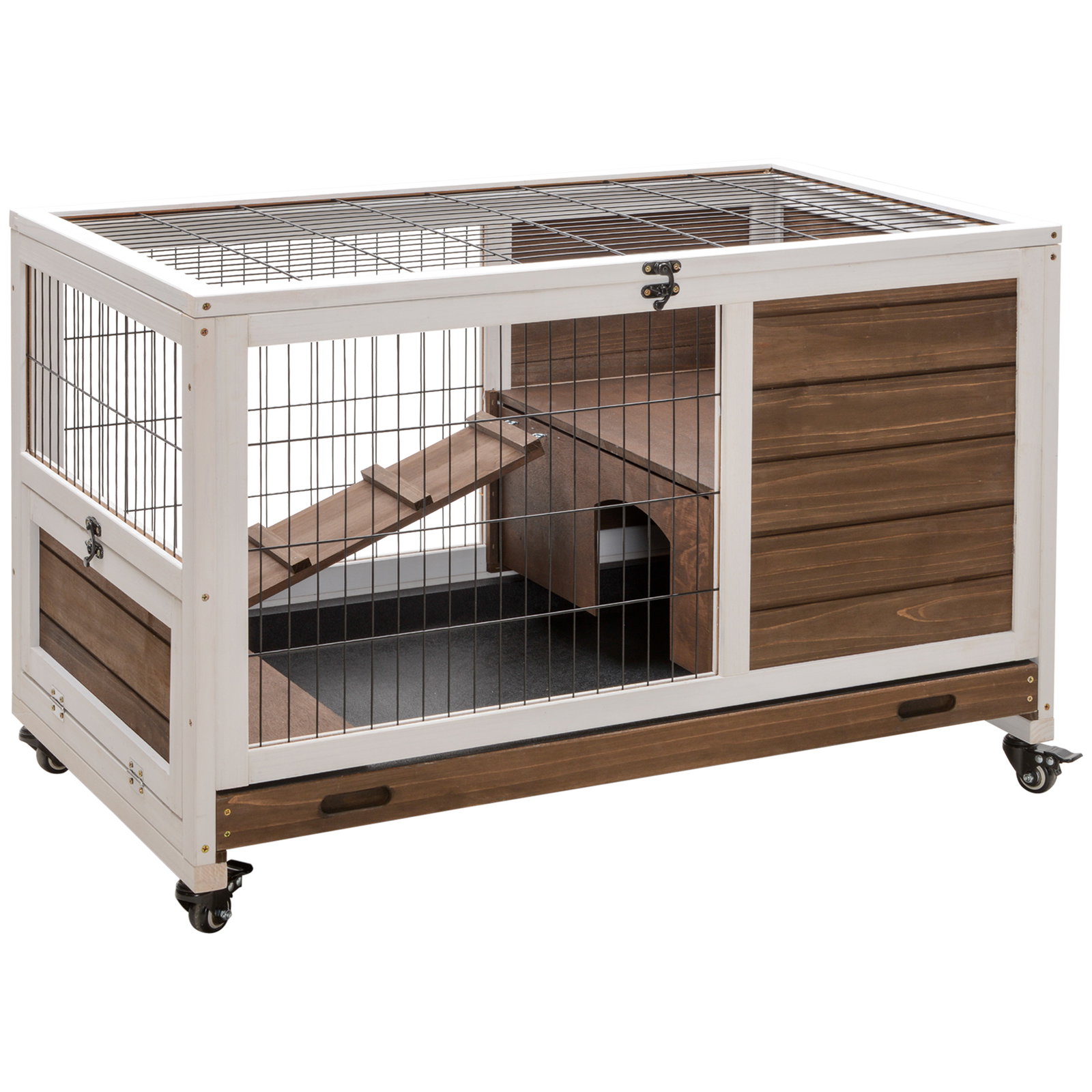 Coelheira de Madeira Gaiola de para Pequenos Animais Portátil com Teto Abatível Rampa Bandeja Removível 90x53x59cm Marrom