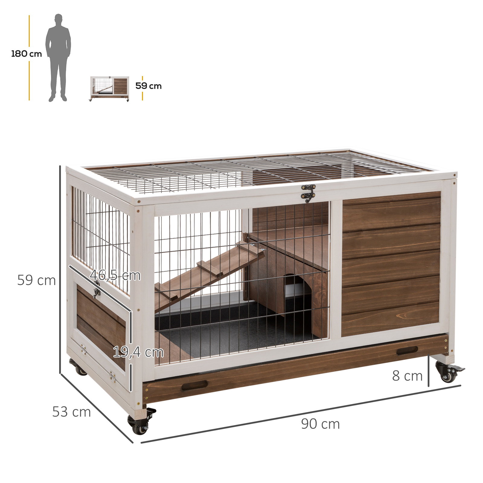 Coelheira de Madeira Gaiola de para Pequenos Animais Portátil com Teto Abatível Rampa Bandeja Removível 90x53x59cm Marrom