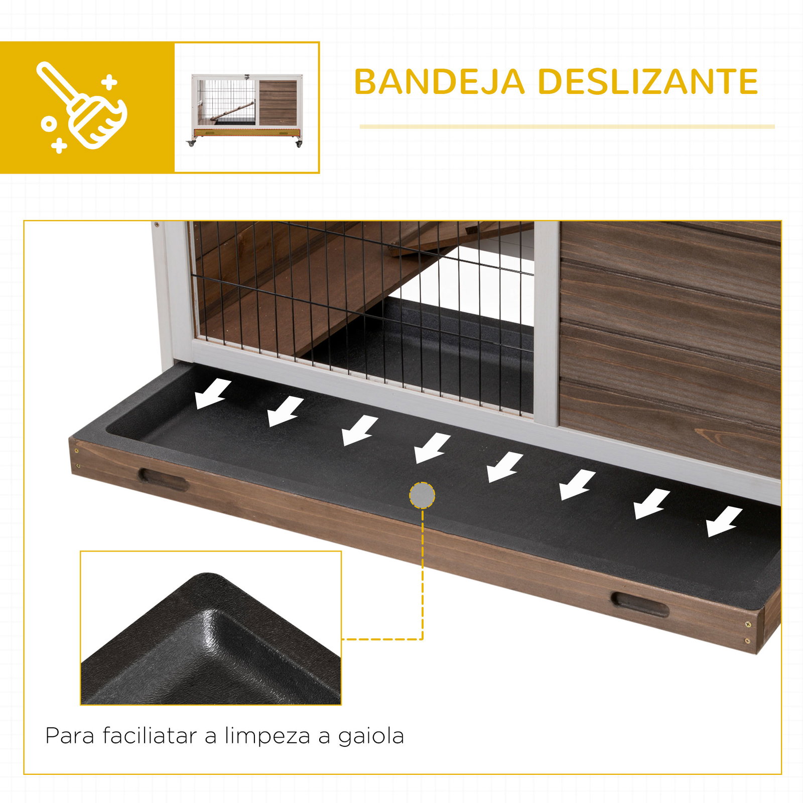 Coelheira de Madeira Gaiola de para Pequenos Animais Portátil com Teto Abatível Rampa Bandeja Removível 90x53x59cm Marrom