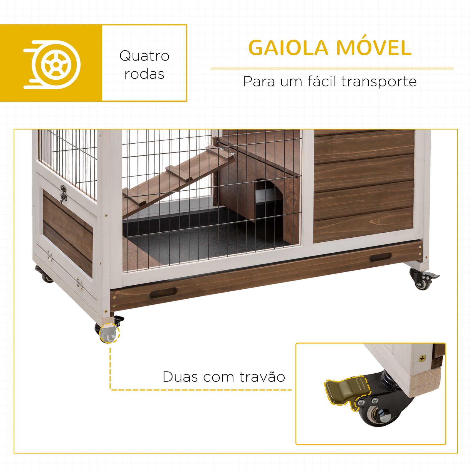 Coelheira de Madeira Gaiola de para Pequenos Animais Portátil com Teto Abatível Rampa Bandeja Removível 90x53x59cm Marrom