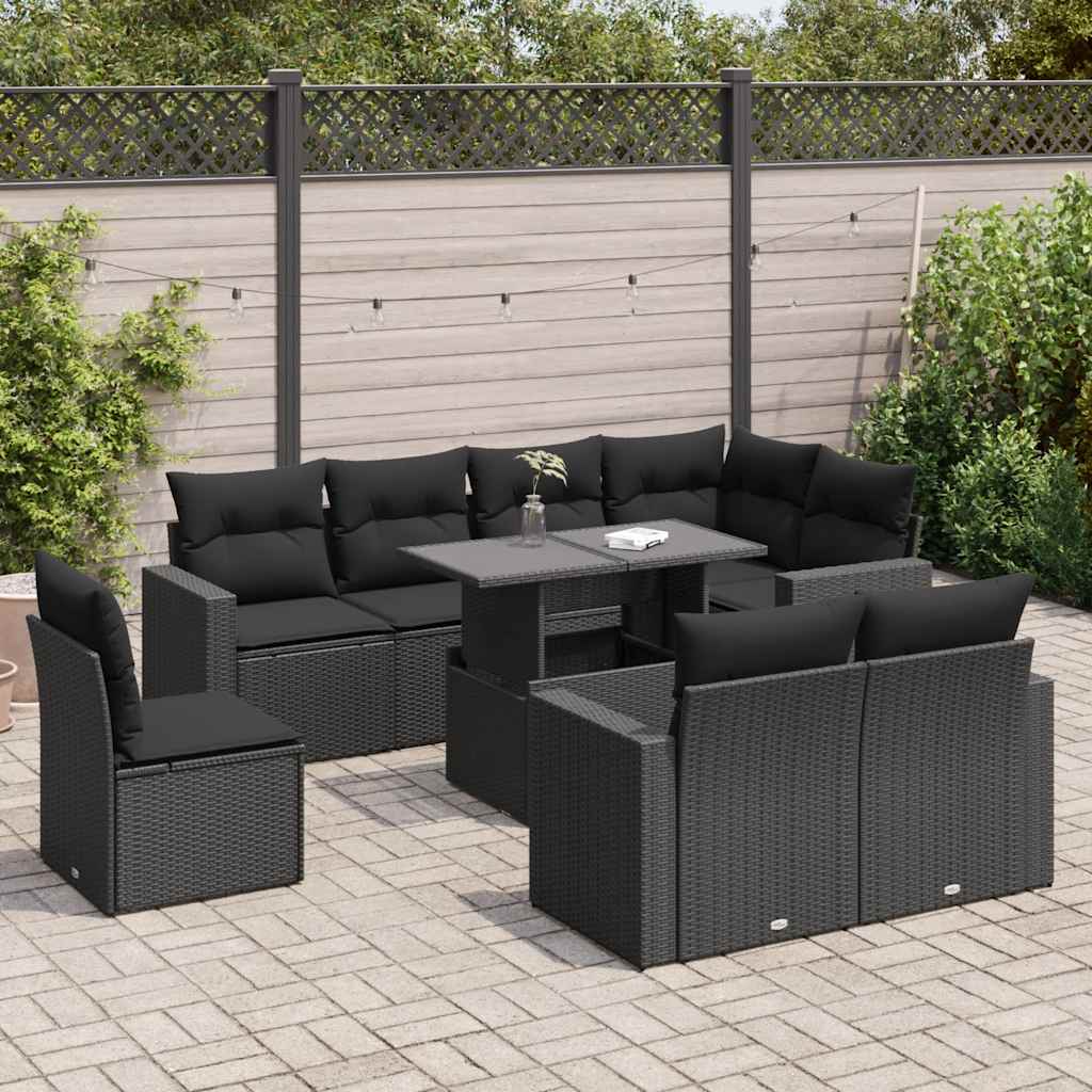 9 Pcs conjunto de sofás p/ jardim c/ almofadões vime PE preto