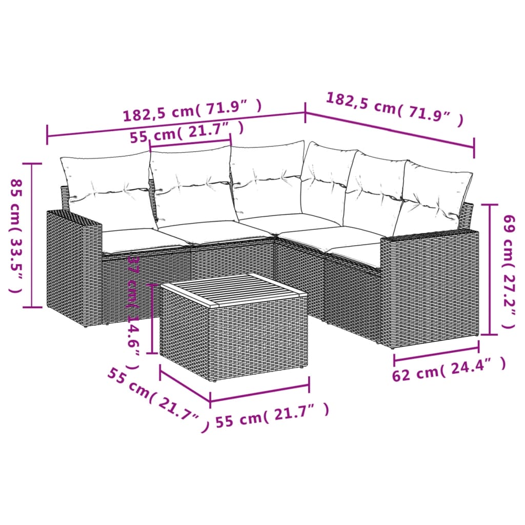 6 Pcs conjunto sofás de jardim c/ almofadões vime PE preto