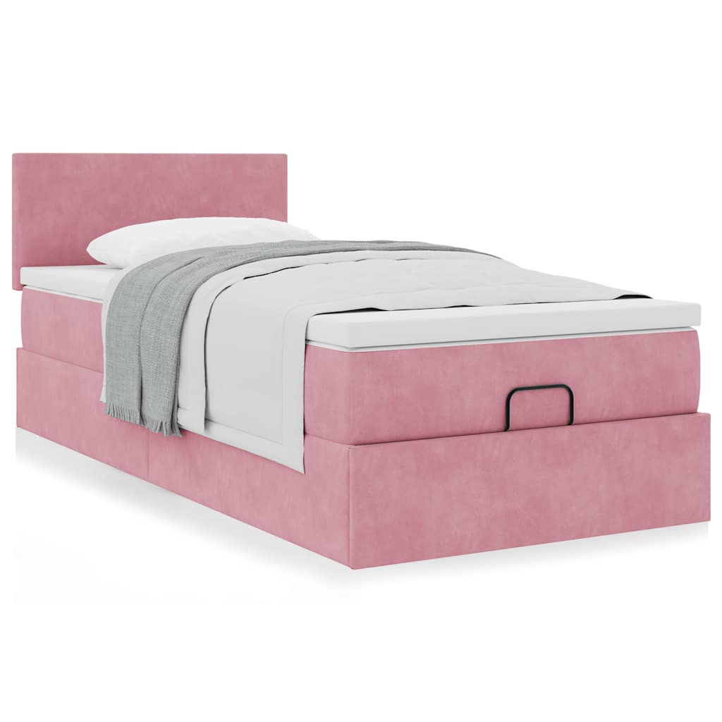 Estrutura de cama otomana com colchão rosa 90x200cm veludo