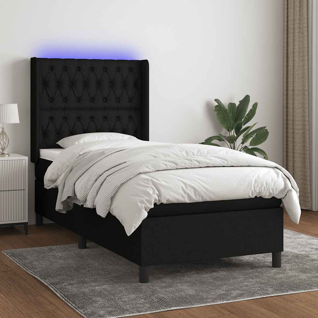 Cama box spring c/ colchão e LED 80x200 cm tecido preto