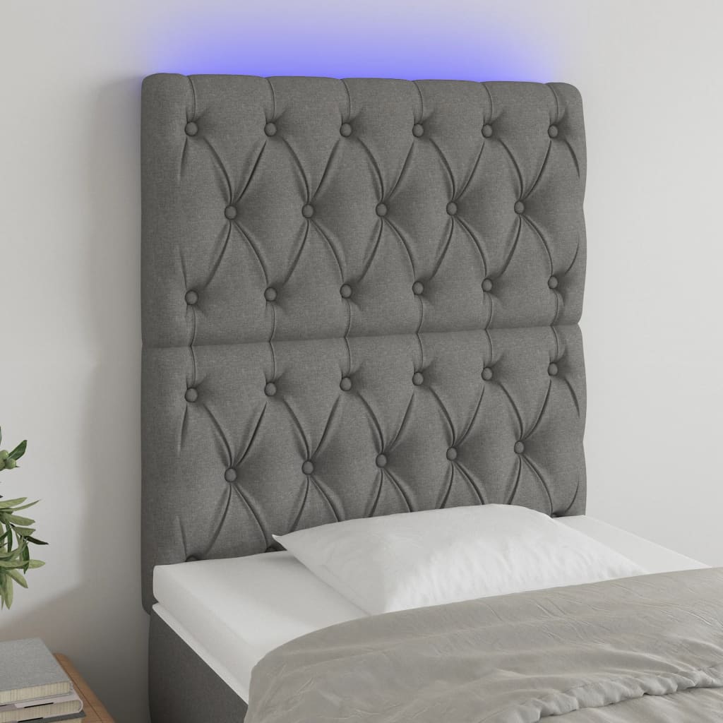 Cabeceira de cama c/ LED tecido 80x7x118/128 cm cinza-escuro