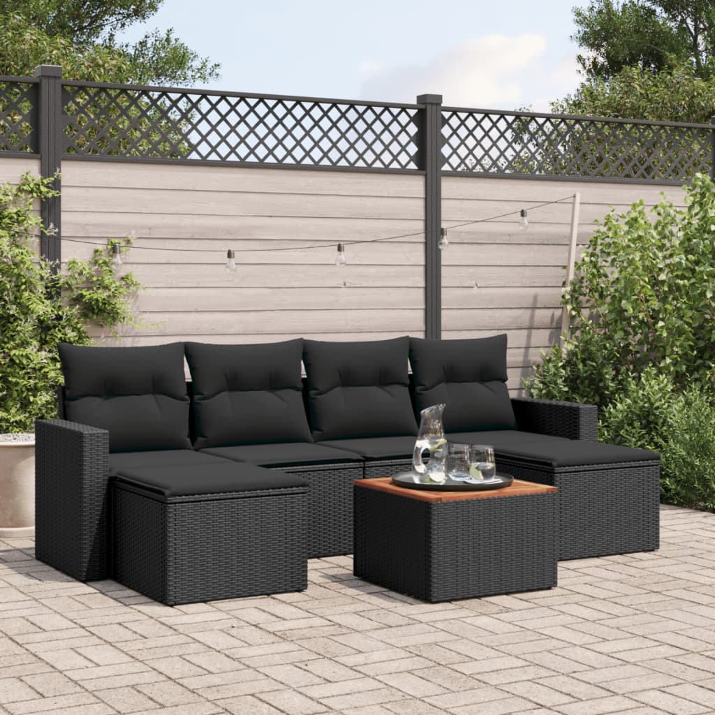 7 Pcs conjunto de sofás p/ jardim c/ almofadões vime PE preto