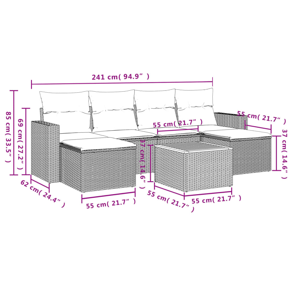 7 Pcs conjunto de sofás p/ jardim c/ almofadões vime PE preto