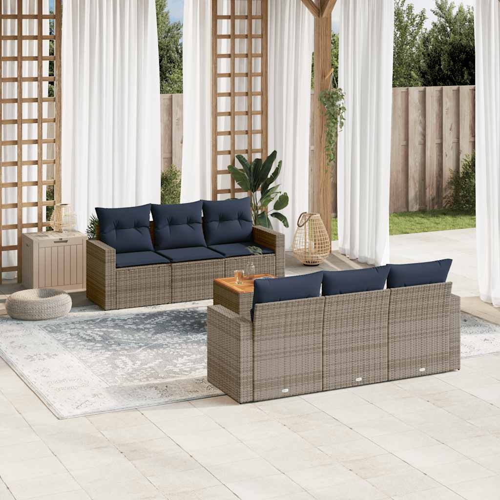 7 Pcs conjunto sofás p/ jardim c/ almofadões vime PE cinzento