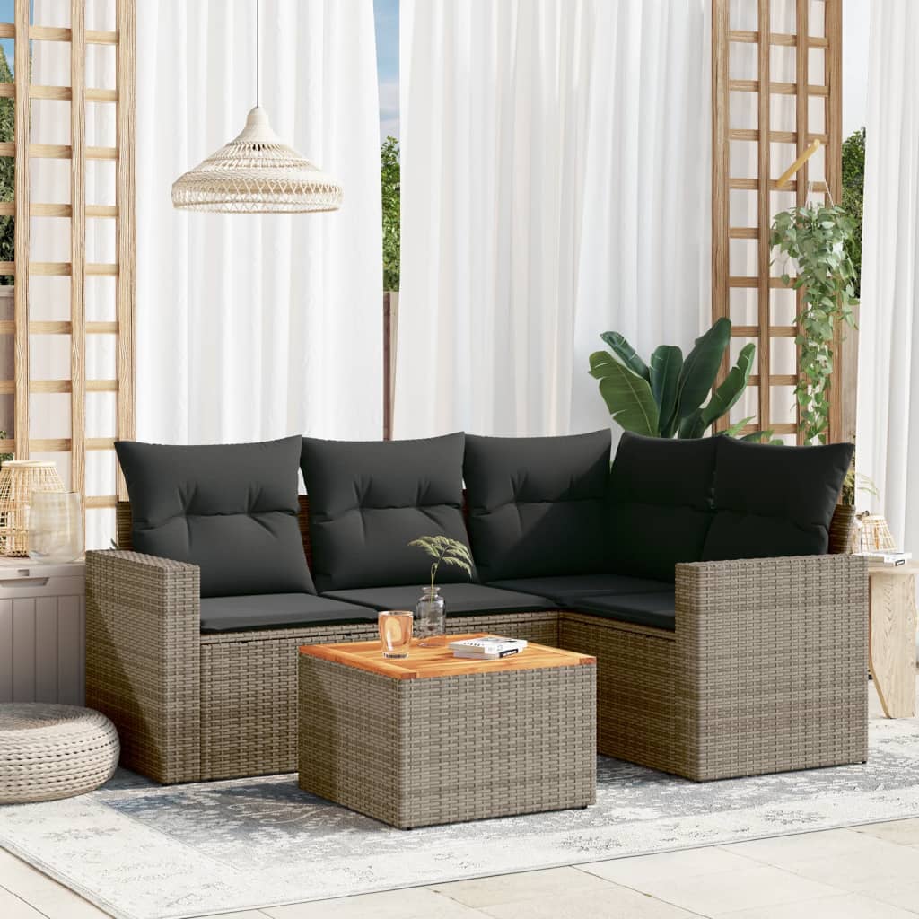 5 Pcs conjunto sofás de jardim c/ almofadões vime PE cinzento