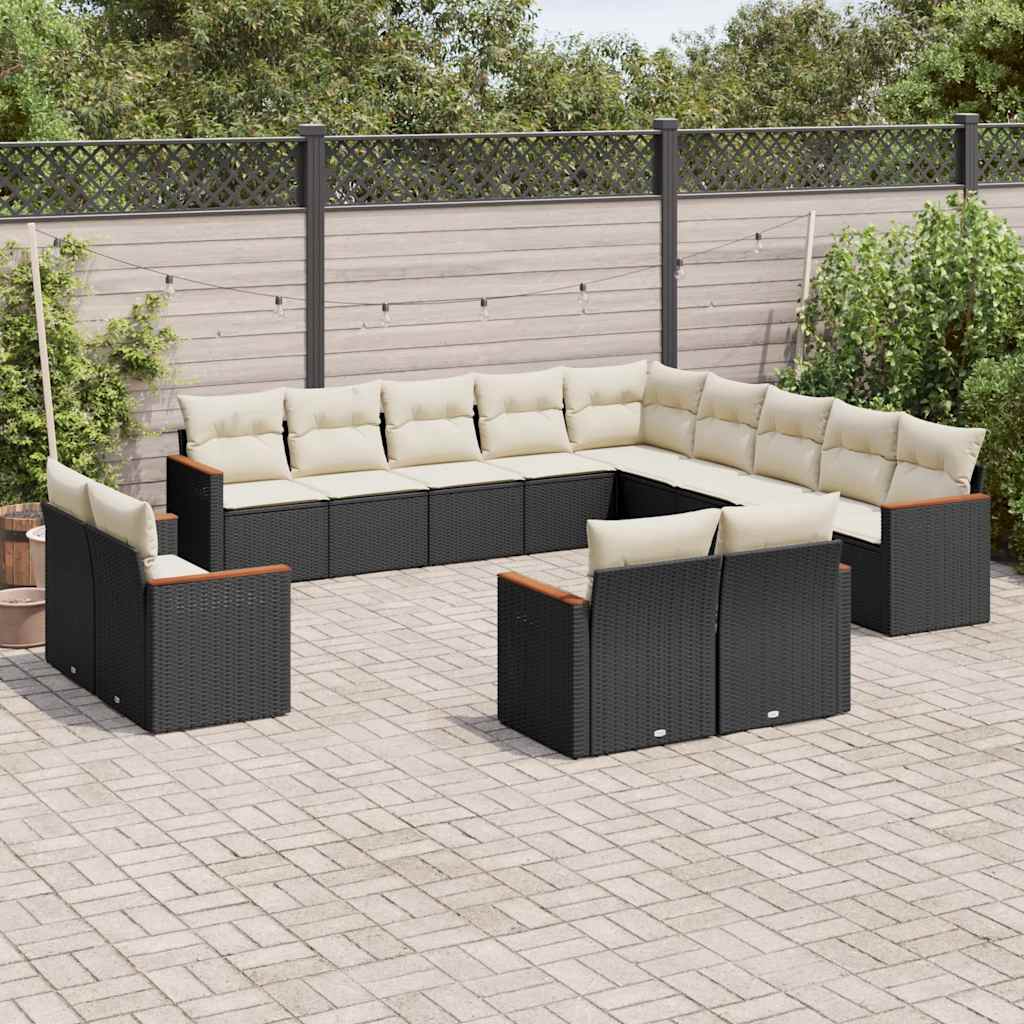 13 Pcs conjunto de sofás de jardim com almofadões vime PE preto