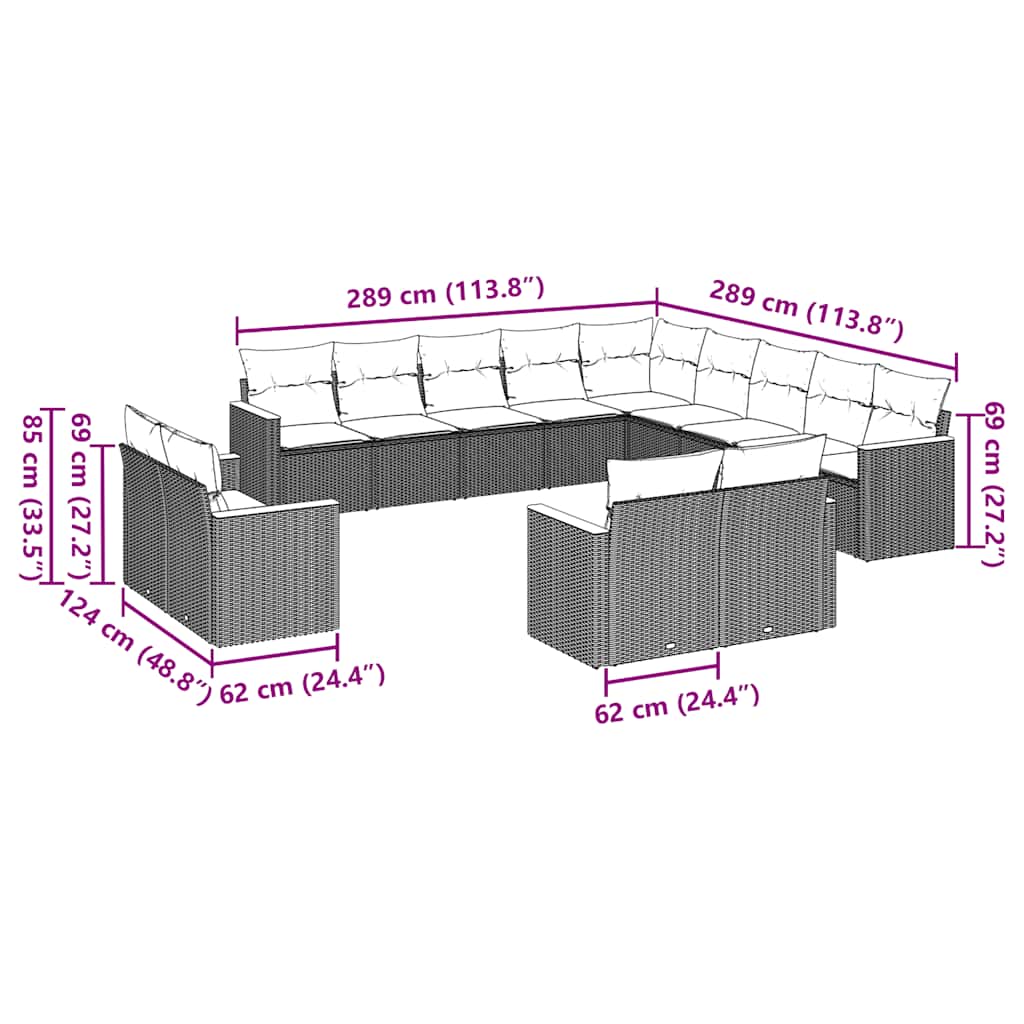 13 Pcs conjunto de sofás de jardim com almofadões vime PE preto
