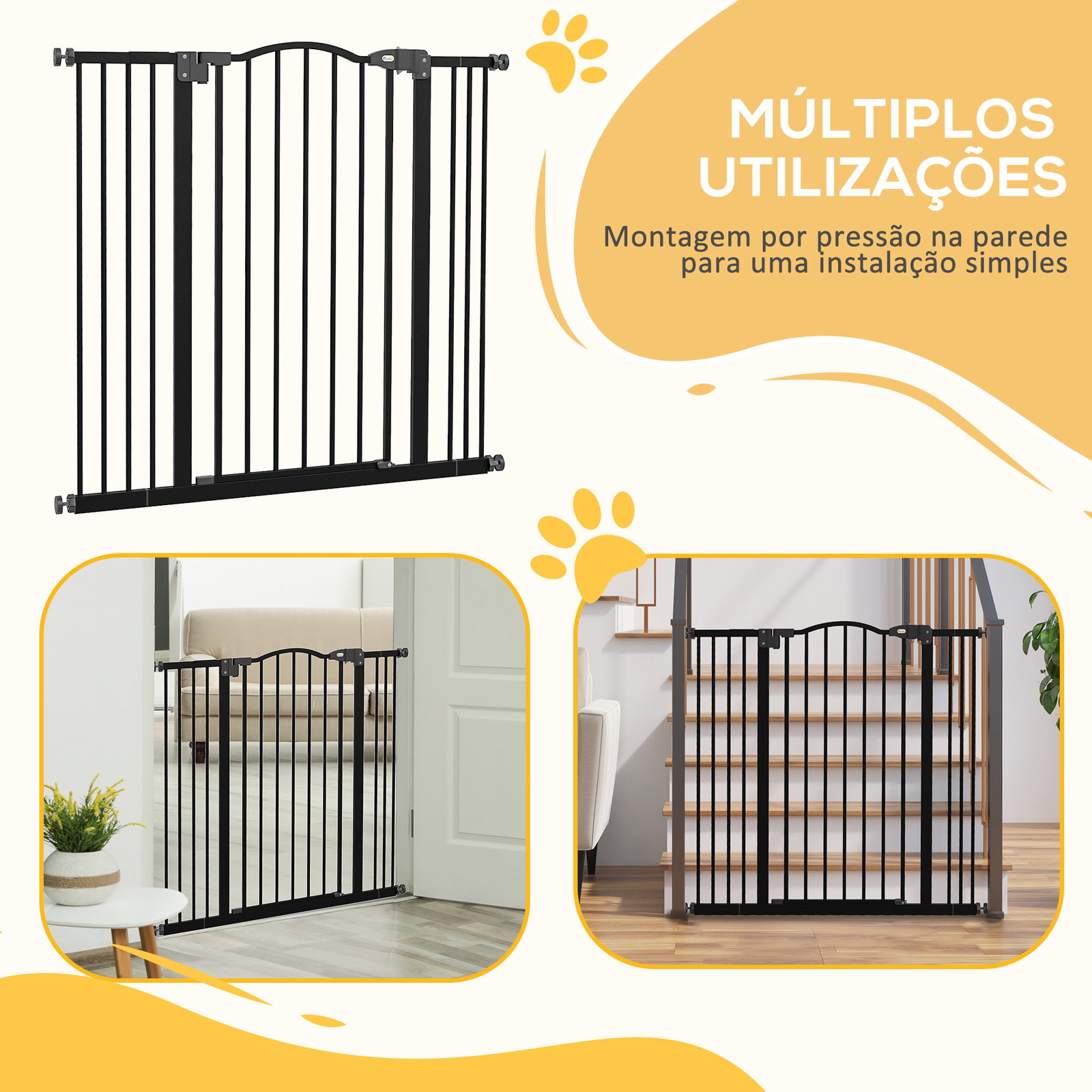 Barreira de segurança para cães com largura ajustável 74-100 cm e extensões para escadas e portas preto