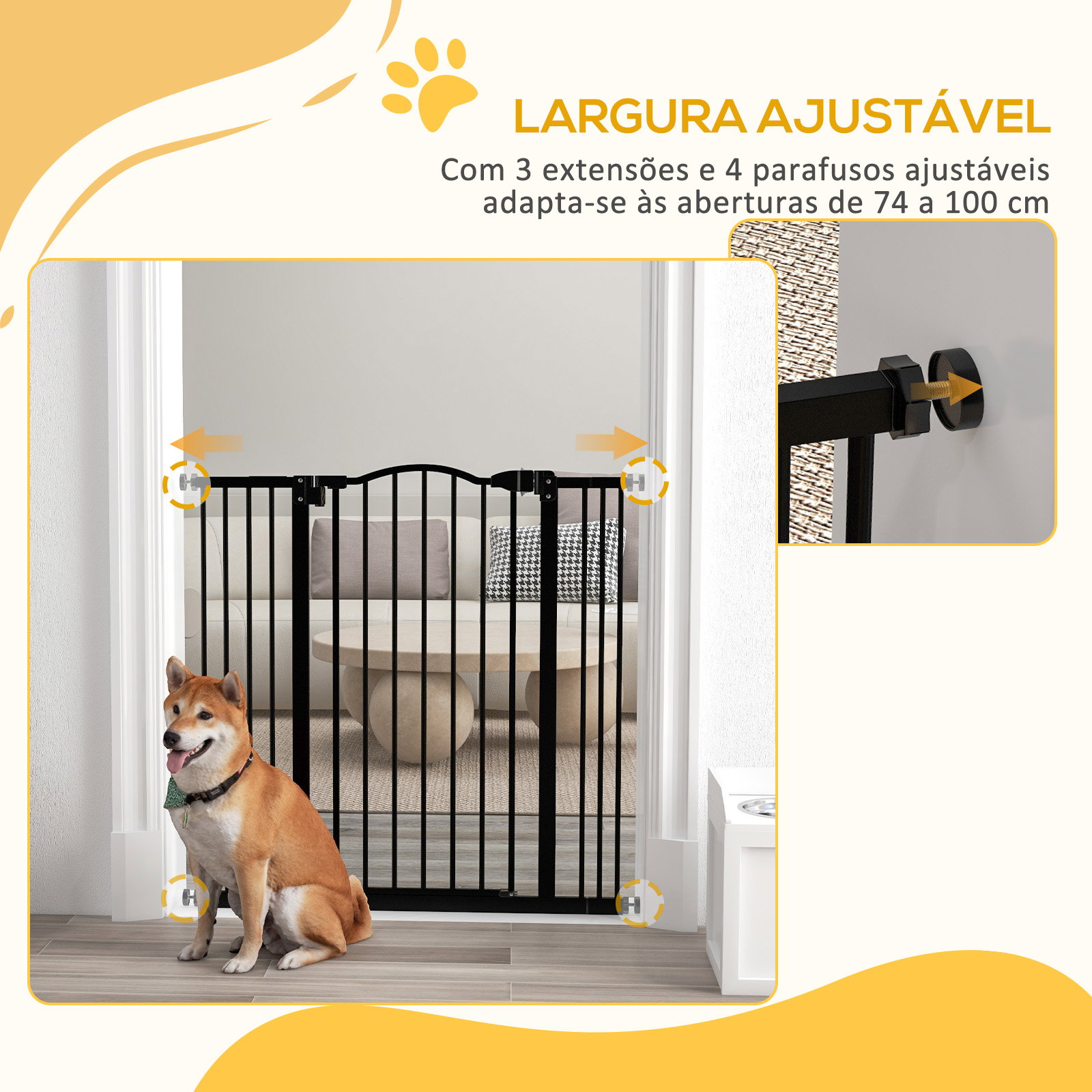 Barreira de segurança para cães com largura ajustável 74-100 cm e extensões para escadas e portas preto