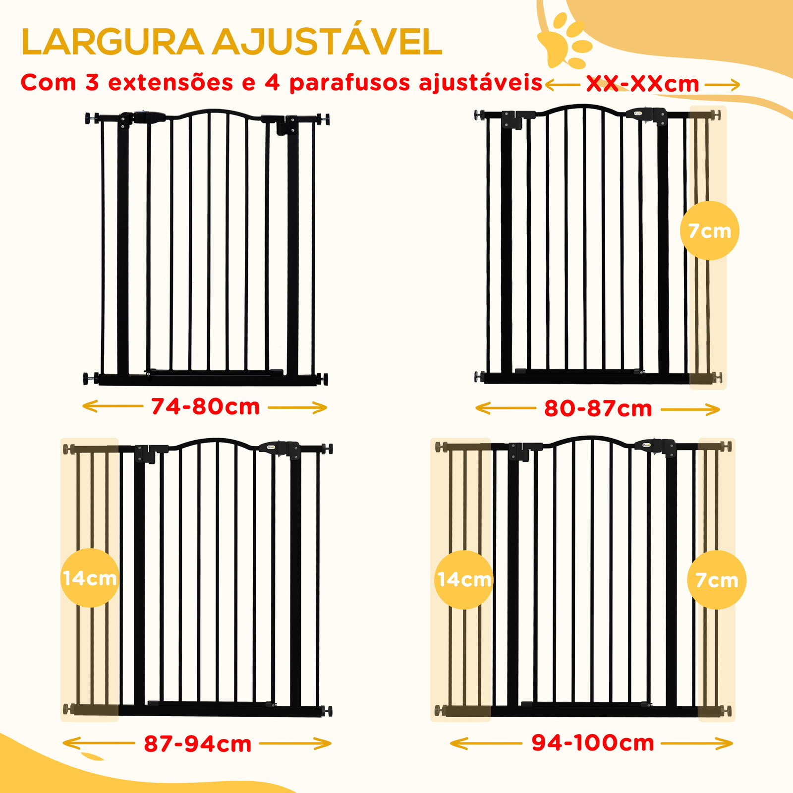 Barreira de segurança para cães com largura ajustável 74-100 cm e extensões para escadas e portas preto