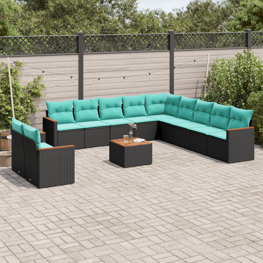 Conjunto de sofá de jardim com 12 peças e almofadas em rattan sintético preto