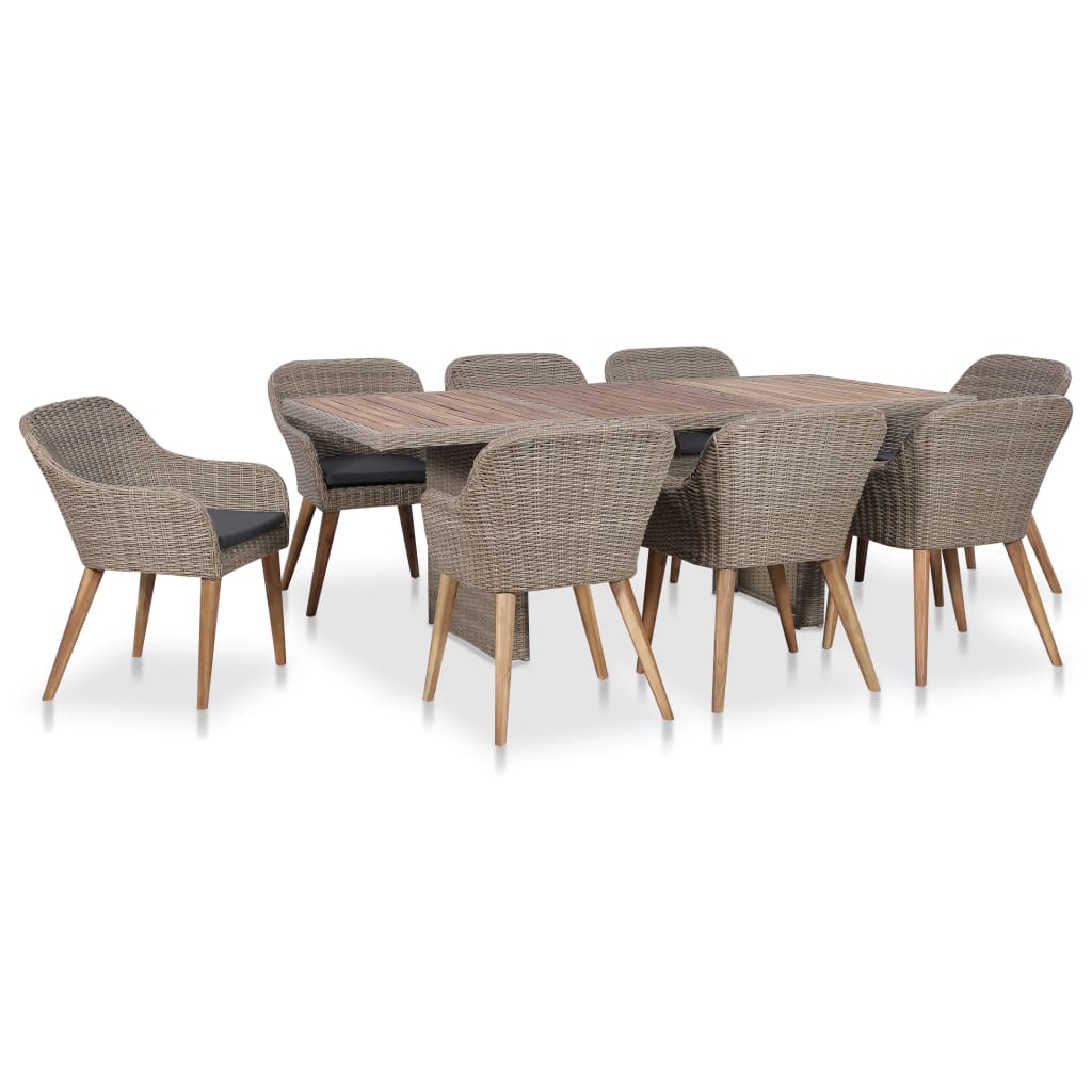 9 Pcs conjunto jantar exterior com almofadões vime PE
