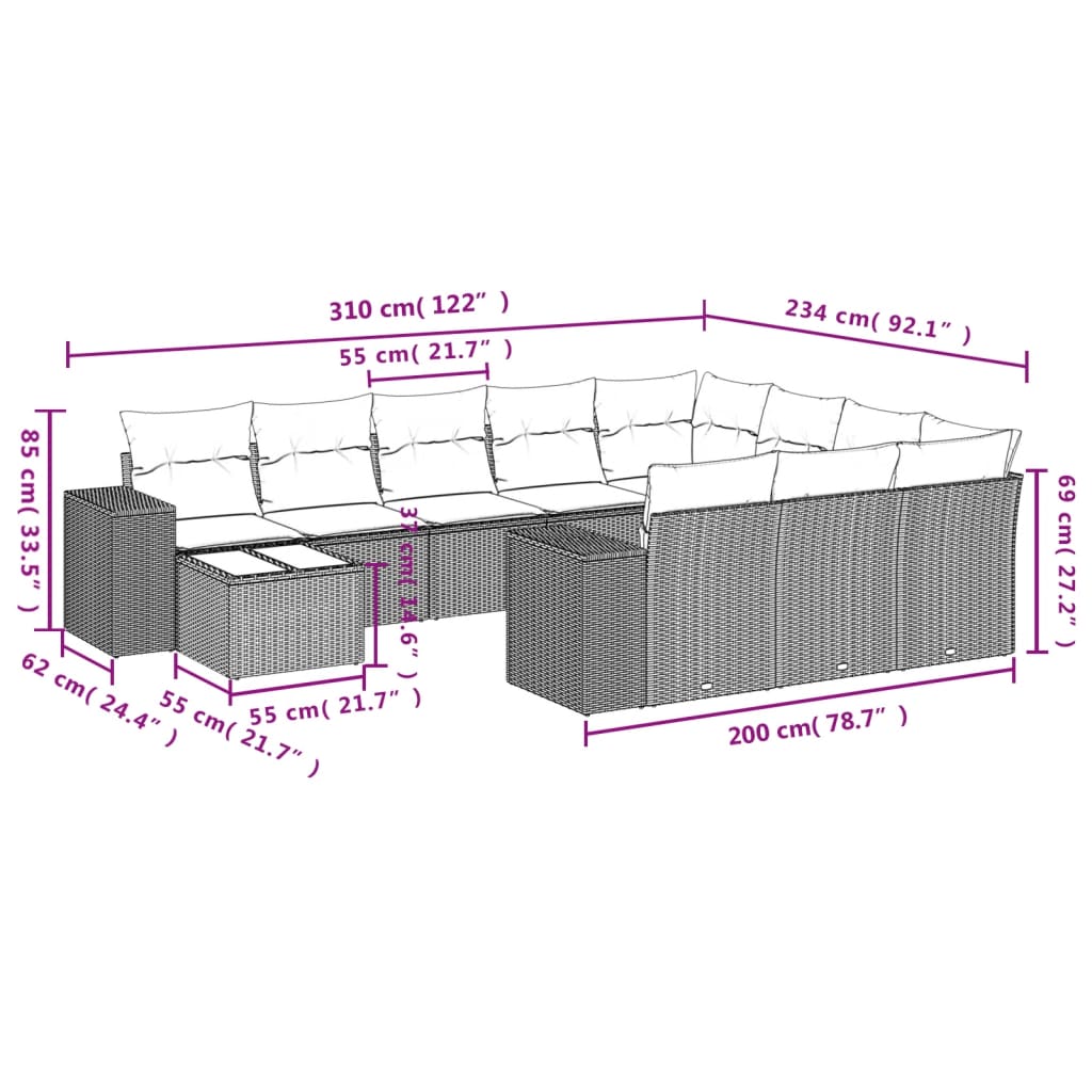11 Pcs conjunto sofás de jardim c/ almofadões vime PE cinzento