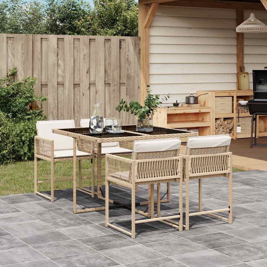 5 Pcs conjunto de jantar p/ jardim com almofadões vime PE bege