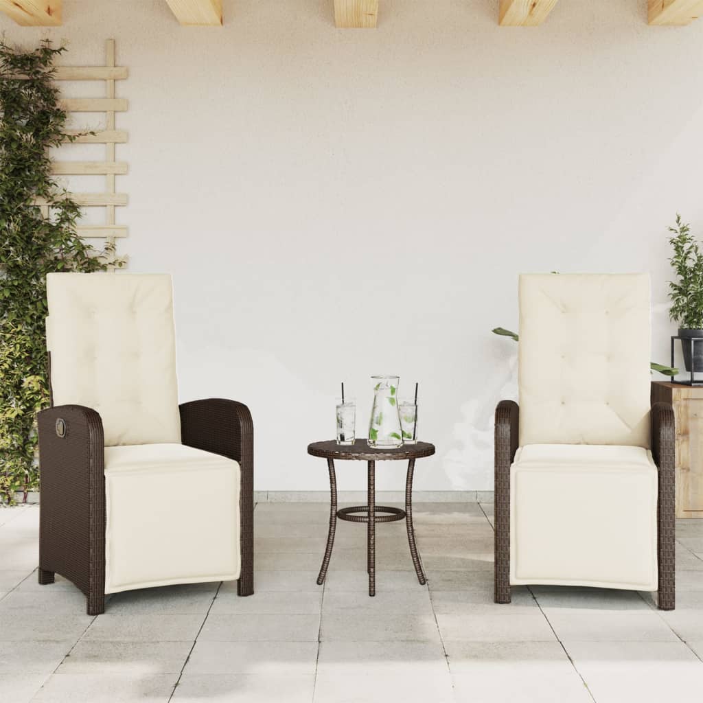 3 Pcs conjunto bistrô com almofadões vime PE castanho