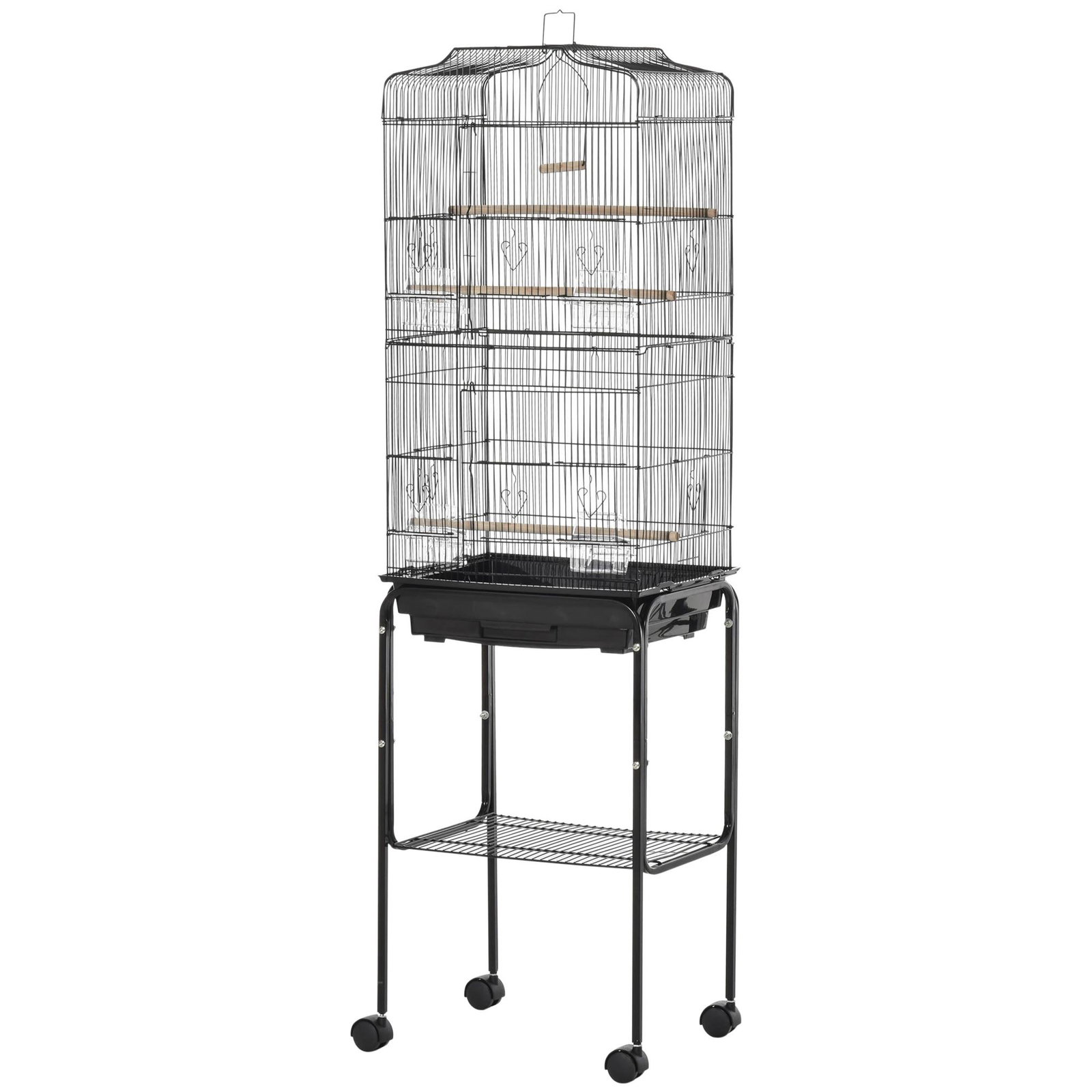 Gaiola para Passáros com Suporte Gaiola Metálica de Aves Canários com 4 Rodas Portas 4 Comedouros 3 Poleiros Bandeja Removível e