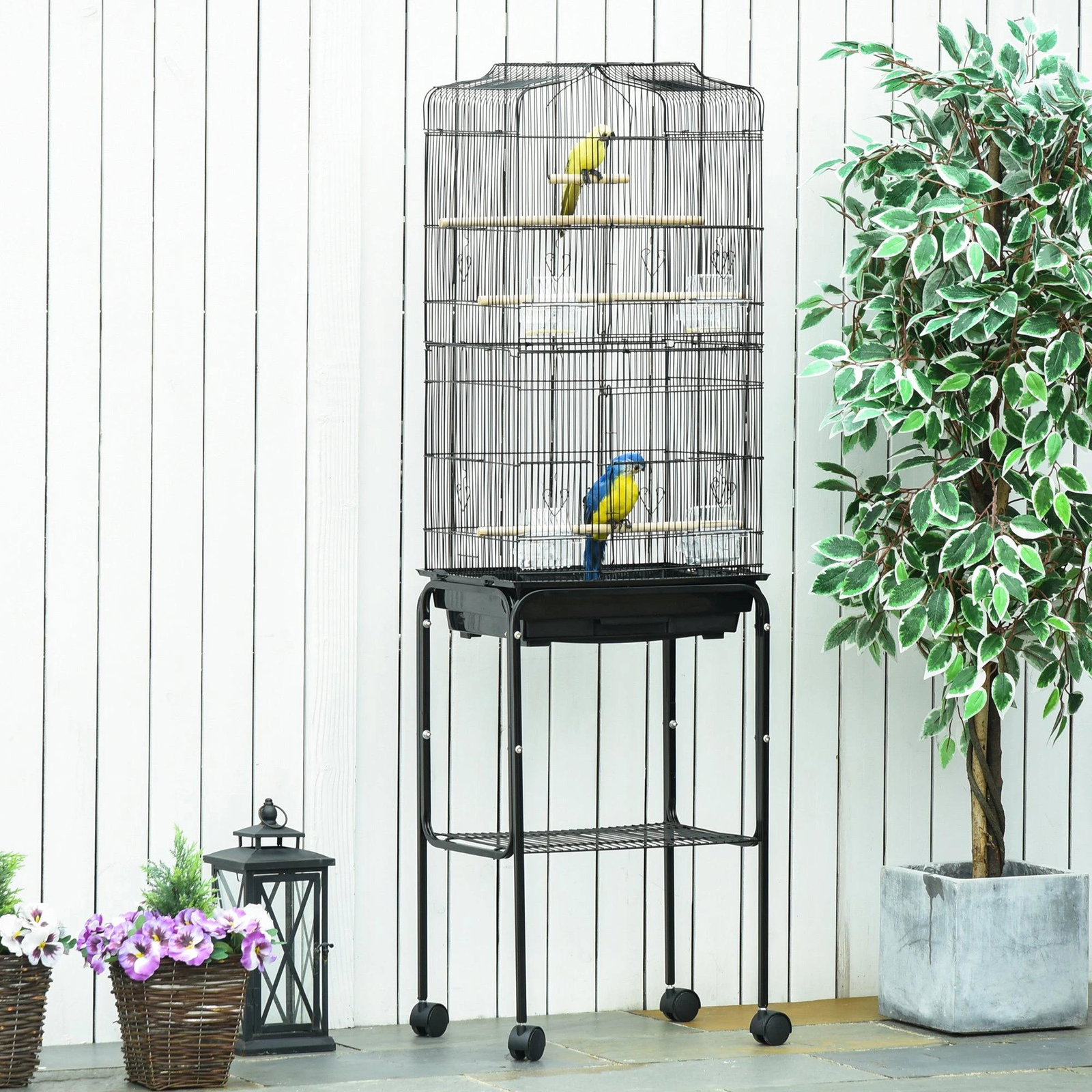 Gaiola para Passáros com Suporte Gaiola Metálica de Aves Canários com 4 Rodas Portas 4 Comedouros 3 Poleiros Bandeja Removível e