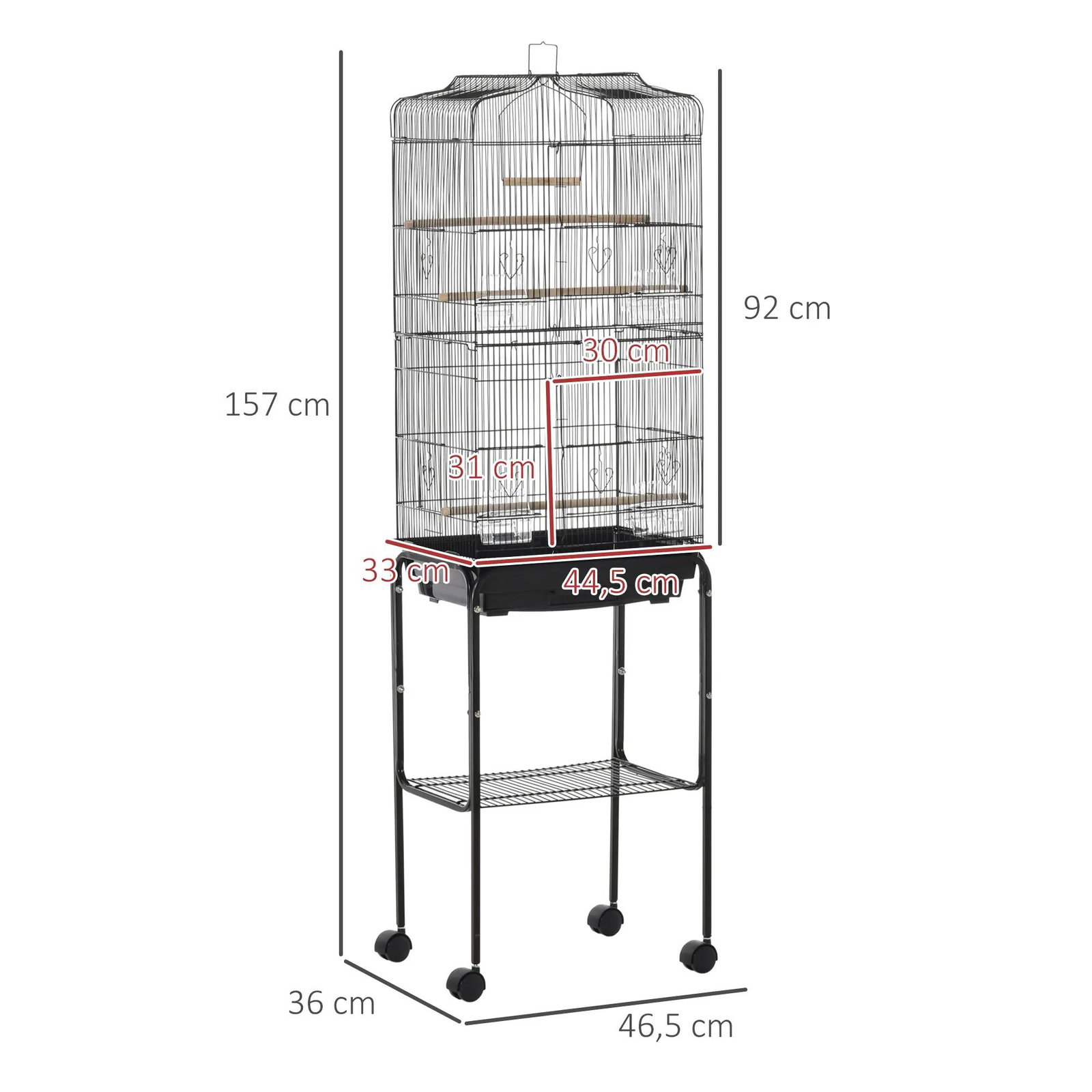 Gaiola para Passáros com Suporte Gaiola Metálica de Aves Canários com 4 Rodas Portas 4 Comedouros 3 Poleiros Bandeja Removível e