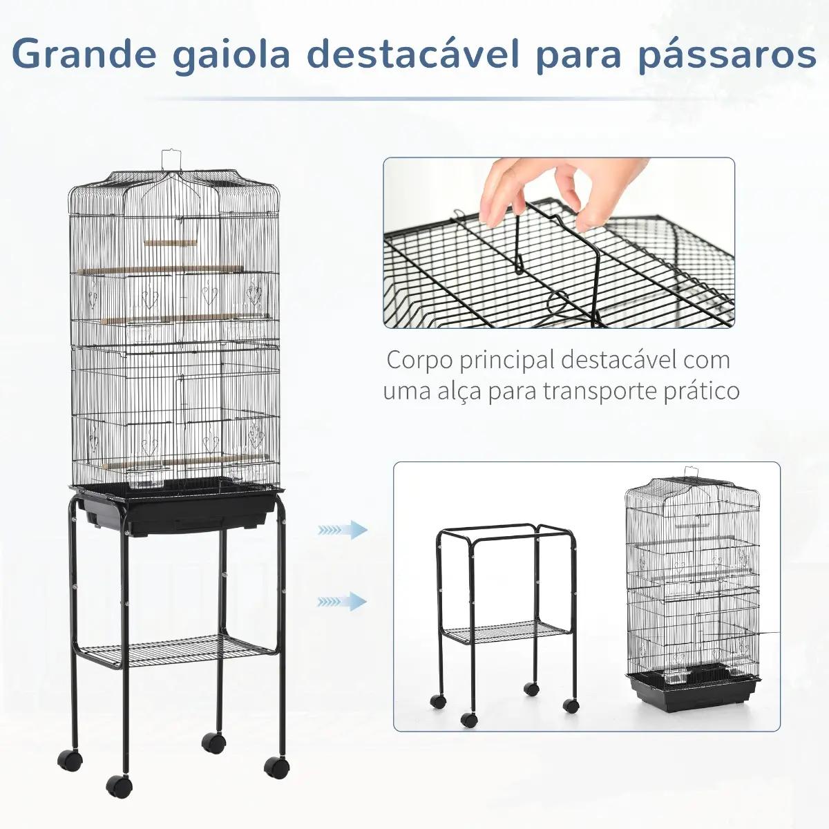 Gaiola para Passáros com Suporte Gaiola Metálica de Aves Canários com 4 Rodas Portas 4 Comedouros 3 Poleiros Bandeja Removível e