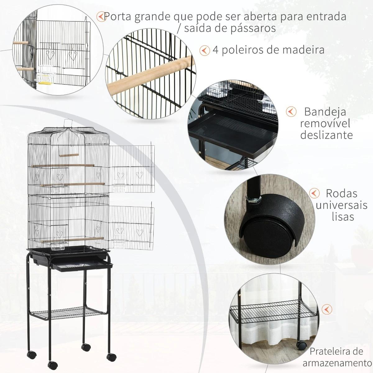 Gaiola para Passáros com Suporte Gaiola Metálica de Aves Canários com 4 Rodas Portas 4 Comedouros 3 Poleiros Bandeja Removível e