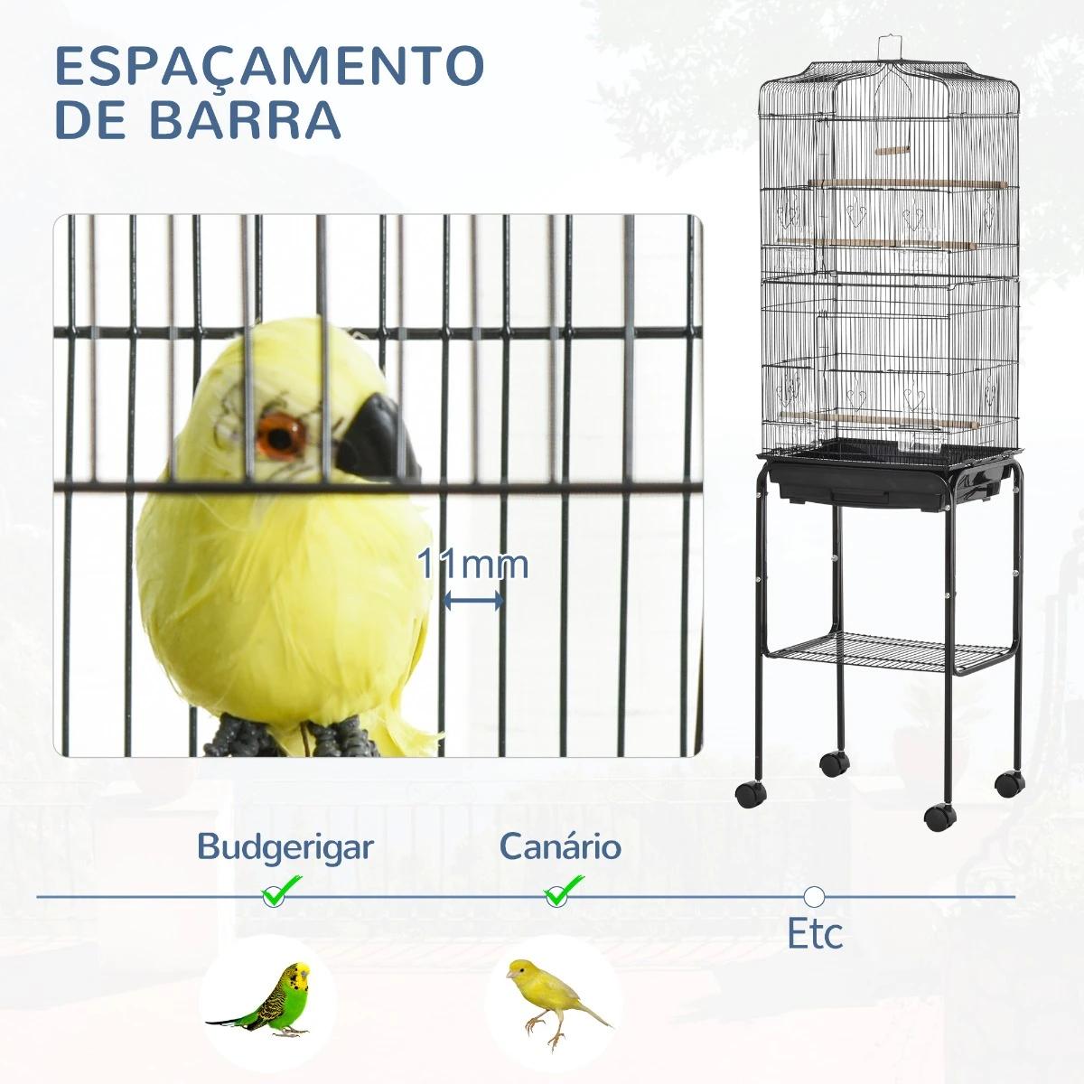 Gaiola para Passáros com Suporte Gaiola Metálica de Aves Canários com 4 Rodas Portas 4 Comedouros 3 Poleiros Bandeja Removível e