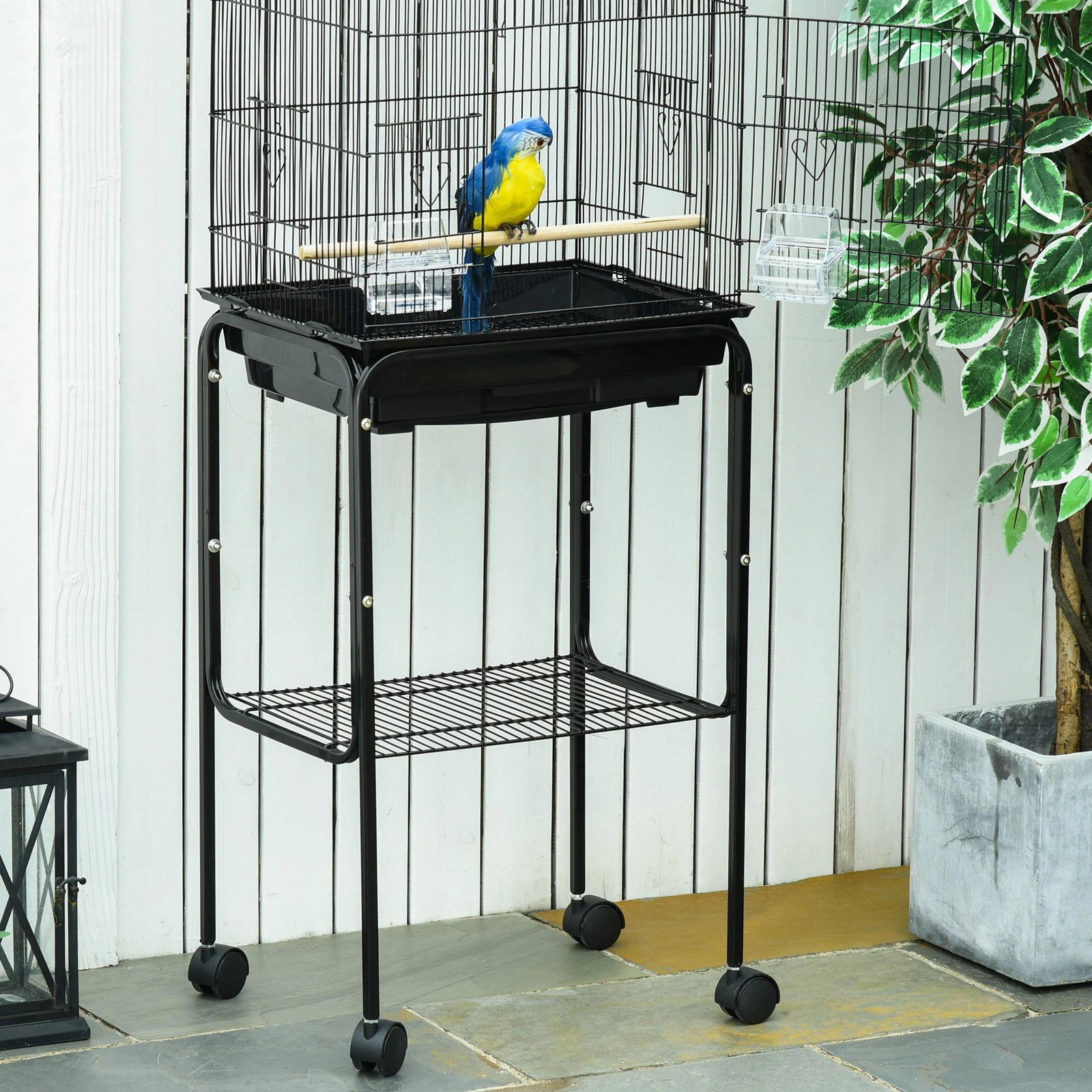 Gaiola para Passáros com Suporte Gaiola Metálica de Aves Canários com 4 Rodas Portas 4 Comedouros 3 Poleiros Bandeja Removível e