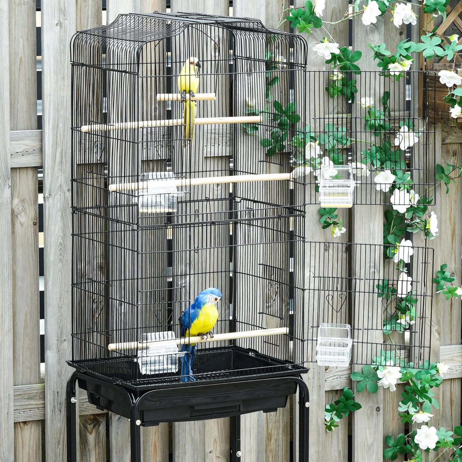Gaiola para Passáros com Suporte Gaiola Metálica de Aves Canários com 4 Rodas Portas 4 Comedouros 3 Poleiros Bandeja Removível e