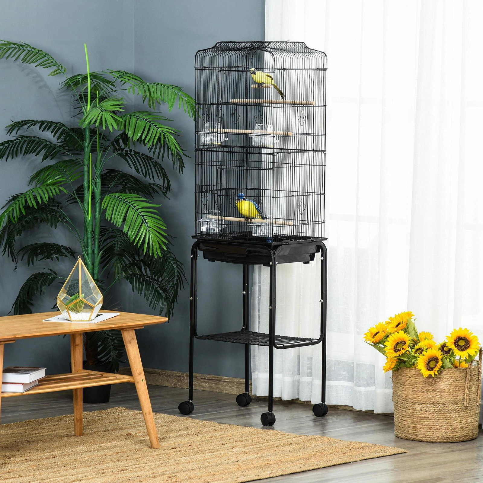 Gaiola para Passáros com Suporte Gaiola Metálica de Aves Canários com 4 Rodas Portas 4 Comedouros 3 Poleiros Bandeja Removível e